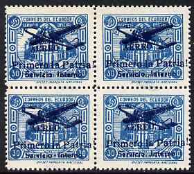 Ecuador 1930s Servicio Interno opt on 30c blue unissued Official stamp block of 4 each with ! instead of full stop after Patria, also with fine set-off on reverse