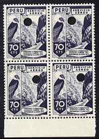 Peru 1938 Condor & Canyon 70c perforated proof block of 4 in near issued colour each stamp with Waterlow’s security puncture, unmounted mint