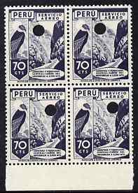 Peru 1938 Condor & Canyon 70c perforated proof block of 4 in near issued colour each stamp with Waterlow’s security puncture, unmounted mint