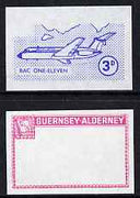 Guernsey - Alderney 1967 Aircraft - 3d BAC-111 imperf proofs comprising the central vignette in blue and the frame in carmine, both unmounted mint as Rosen CSA 77