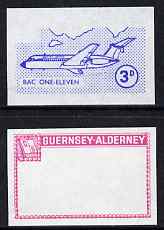 Guernsey - Alderney 1967 Aircraft - 3d BAC-111 imperf proofs comprising the central vignette in blue and the frame in carmine, both unmounted mint as Rosen CSA 77