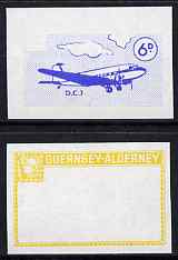 Guernsey - Alderney 1967 Aircraft - 6d Douglas DC-3 imperf proofs comprising the central vignette in blue and the frame in yellow, both unmounted mint as Rosen CSA 78