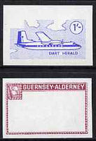 Guernsey - Alderney 1967 Aircraft - 1s Dart Herald imperf proofs comprising the central vignette in blue and the frame in maroon, both unmounted mint as Rosen CSA 79