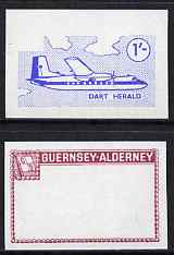 Guernsey - Alderney 1967 Aircraft - 1s Dart Herald imperf proofs comprising the central vignette in blue and the frame in maroon, both unmounted mint as Rosen CSA 79