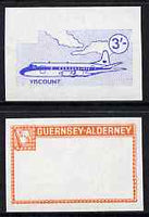 Guernsey - Alderney 1967 Aircraft - 3s Viscount imperf proofs comprising the central vignette in blue and the frame in vermilion, both unmounted mint as Rosen CSA 81