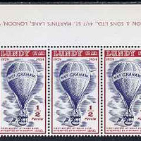 Lundy 1954 definitive Airmail with dates 1/2p Mrs Graham's Balloon marginal strip of 3, last stamp with variety 'flaw after 'N' of Puffin' unmounted mint Rosen LU 99var