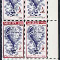 Lundy 1954 definitive Airmail with dates 1/2p Mrs Graham's Balloon corner block of 4, second stamp with variety 'distorted 'P' of Puffin' unmounted mint Rosen LU 99var