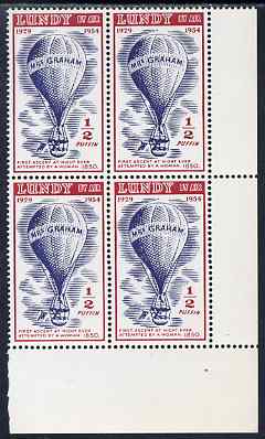 Lundy 1954 definitive Airmail with dates 1/2p Mrs Graham's Balloon corner block of 4, second stamp with variety 'distorted 'P' of Puffin' unmounted mint Rosen LU 99var