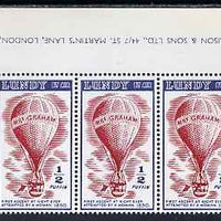 Lundy 1954 definitive Airmail without dates 1/2p Mrs Graham's Balloon marginal strip of 3, last stamp with variety 'flaw above 'N' of lundy' unmounted mint Rosen LU 105var