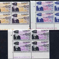 Lundy 1965 Sir Winston Churchill perf set of 3 in De La Rue imprint blocks of 4 unmounted mint Rosen LU 153-55