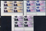 Lundy 1965 Sir Winston Churchill perf set of 3 in De La Rue imprint blocks of 4 unmounted mint Rosen LU 153-55