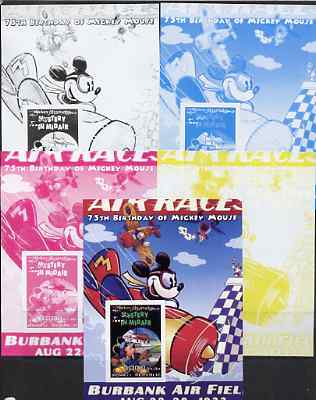 Somalia 2004 75th Birthday of Mickey Mouse #01 - Air Race m/sheet - the set of 5 imperf progressive proofs comprising the 4 individual colours plus all 4-colour composite, unmounted mint