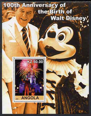 Angola 2001 Birth Centenary of Walt Disney #10 perf s/sheet - Disneyland Fireworks & Ronald Reagan, unmounted mint