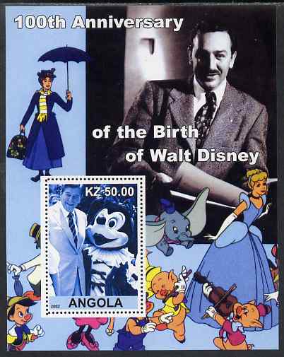 Angola 2002 Birth Centenary of Walt Disney #08 perf s/sheet - Mickey Mouse & Ronald Reagan unmounted mint