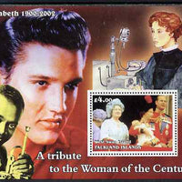 West Swan Island (Falkland Islands) 2002 A Tribute to the Woman of the Century #2 Queen Mother perf souvenir sheet unmounted mint (Also shows Elvis & Satchmo)