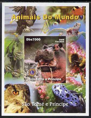 St Thomas & Prince Islands 2005 Animals of the World - Hippopotamus imperf s/sheet with Lions International Logo unmounted mint