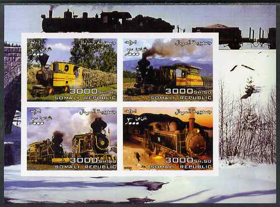 Somalia 2004 Steam Locos imperf sheetlet containing 4 values,unmounted mint. Note this item is privately produced and is offered purely on its thematic appeal