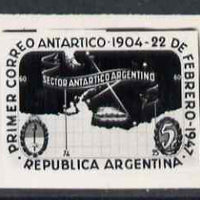 Argentine Republic 1947 43rd Anniversary of Antarctic Mail black and white photographic essay of 5c stamp (stamp size) similar to issued stamp but in horizontal format