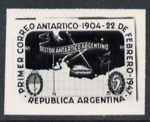 Argentine Republic 1947 43rd Anniversary of Antarctic Mail black and white photographic essay of 5c stamp (stamp size) similar to issued stamp but in horizontal format
