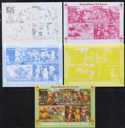 Benin 2009 Olympic Games - Disney's Winnie the Pooh #01 sheetlet containing 4 values - the set of 5 imperf progressive proofs comprising the 4 individual colours plus all 4-colour composite, unmounted mint