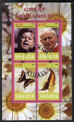Rwanda 2009 Great Humanist #2 - Kennedy & Pope John Paul plus Butterflies perf sheetlet containing 4 values cto used