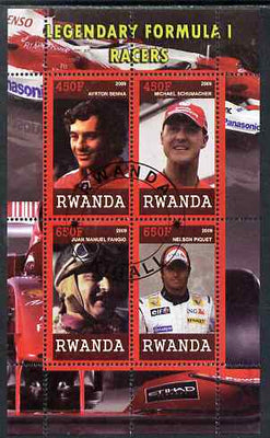 Rwanda 2009 Legendary Formula 1 Drivers perf sheetlet containing 4 values cto used (Senna, Schumacher, Fangio & Piquet)