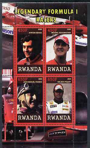 Rwanda 2009 Legendary Formula 1 Drivers perf sheetlet containing 4 values unmounted mint (Senna, Schumacher, Fangio & Piquet)