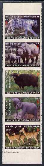 Cinderella - India 1989 se-tenant strip of 5 x 50p TB labels each showing animals, unmounted mint
