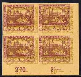 Czechoslovakia 1918 Hradcany 3h imperf proof block of 4 in purple doubly printed with 30h in olive, on ungummed buff paper, as SG 4 & 9