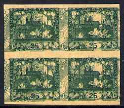 Czechoslovakia 1918 Hradcany 25h imperf proof block of 4 in blue doubly printed with Windhover 2h inverted in green, on ungummed buff paper, as SG 8 & N24