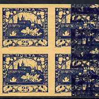 Czechoslovakia 1918 Hradcany 25h imperf proof block of 4 in blue doubly printed (second impression at side), on ungummed buff paper, as SG 17