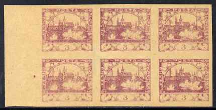Czechoslovakia 1918 Hradcany 3h imperf proof block of 6 in purple on ungummed buff paper, as SG 4
