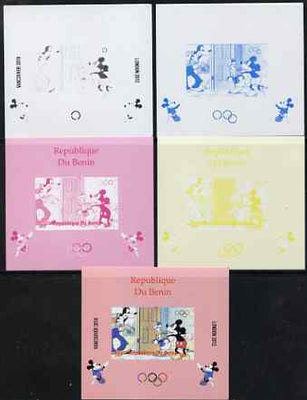 Benin 2009 Olympic Games - Disney Characters #01 individual deluxe sheet - the set of 5 imperf progressive proofs comprising the 4 individual colours plus all 4-colour composite, unmounted mint