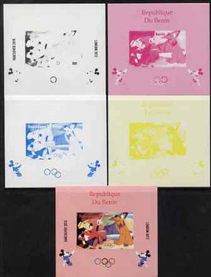 Benin 2009 Olympic Games - Disney Characters #11 individual deluxe sheet - the set of 5 imperf progressive proofs comprising the 4 individual colours plus all 4-colour composite, unmounted mint