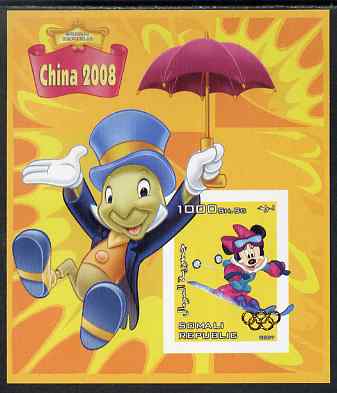 Somalia 2007 Disney - China 2008 Stamp Exhibition #06 imperf m/sheet featuring Minny Mouse & Jiminy Cricket overprinted with Olympic rings in gold foil, unmounted mint. Note this item is privately produced and is offered purely on its thematic appeal