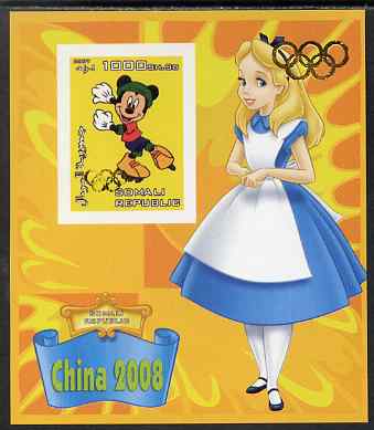 Somalia 2007 Disney - China 2008 Stamp Exhibition #09 imperf m/sheet featuring Micky Mouse & Alice in Wonderland overprinted with Olympic rings in gold foil on stamp and in margin, unmounted mint. Note this item is privately produ……Details Below