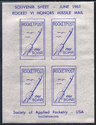 Cinderella - United States 1961 SOAR Rocket Missile Mail sheetlet containing 4 imperf labels, umounted mint