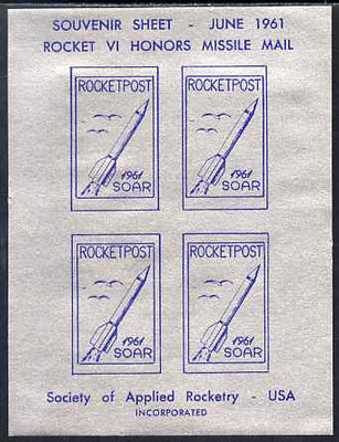 Cinderella - United States 1961 SOAR Rocket Missile Mail sheetlet containing 4 imperf labels, umounted mint