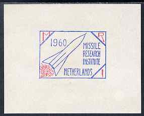Cinderella - Netherlands 1960 Missile Research Institute imperf sheetlet containing 1 label on gummed paper (gum disturbed)