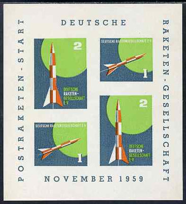 Cinderella - Germany 1959 Rocket Post imperf sheetlet containing 4 labels on gummed paper (gum disturbed)