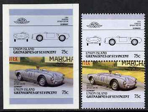 St Vincent - Union Island 1986 Cars #4 (Leaders of the World) 75c (1954 Porsche) die proof in issued colours on Cromalin plastic card (ex archives) plus issued stamp