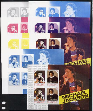 St Vincent 1985 Michael Jackson (Leaders of the World) 90c m/sheet, the set of 8 imperf progressive proofs comprising 4 individual colours plus 2, 3, 4 & all 6-colour composites, unmounted mint as SG MS 948b