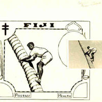 Fiji 1951 Coconut Palm (Health Issue) - original pen & ink sketch (7.5"x6") of youth climbing coconut palm submitted by unknown artist with original photograph from which artwork was taken (formerly in the Tippett collection)