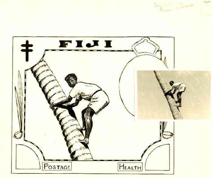 Fiji 1951 Coconut Palm (Health Issue) - original pen & ink sketch (7.5"x6") of youth climbing coconut palm submitted by unknown artist with original photograph from which artwork was taken (formerly in the Tippett collection)