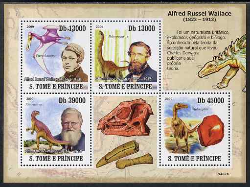 St Thomas & Prince Islands 2009 Dinosaurs & Naturalists perf sheetlet containing 4 values unmounted mint