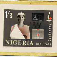 Nigeria 1963 Red Cross Centenary - original hand-painted artwork for 1s3d value (First Aid Box & Patient) by M Goaman on board size 5.25"x4"
