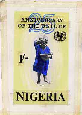 Nigeria 1971 25th Anniversary of UNICEF - original hand-painted artwork for 1s value (Child with food bowl) by Austin Ogo Onwudimegwu on card size 5"x8.5"