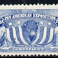 Cinderella - United States 1901 Pan American Exposition perforated label by R H Stamp Co in blue showing Buffalo, Flag, Lighthouse & Ship, fine with full gum
