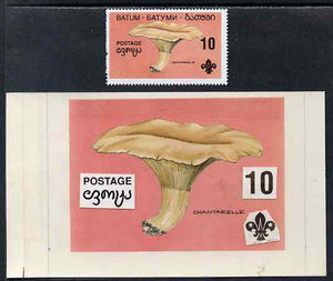 Batum 1994 Fungi - Chantarelle 10r with Scout emblem, original hand-painted atywork on card 90 mm x 65 mm with overlay (inscription part is missing) plus issued stamp. Note this item is privately produced and is offered purely on ……Details Below