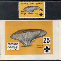 Batum 1994 Fungi - Oyster Fungus 25r with Scout emblem, original hand-painted atywork on card 90 mm x 65 mm with overlay (inscription part is missing) plus issued stamp. Note this item is privately produced and is offered purely o……Details Below